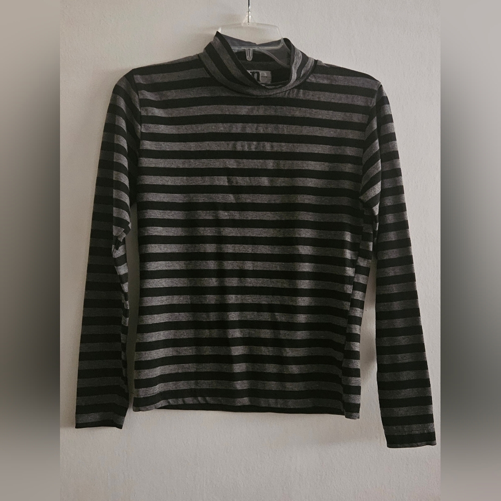 One Step Ahead Black and Gray Striped Turtleneck Top